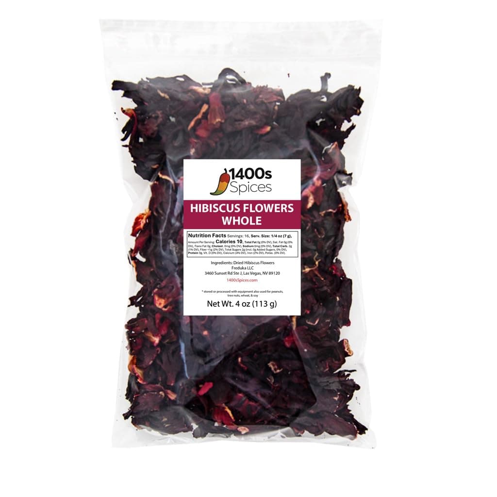 Dried Hibiscus Flowers 4oz Perfect for Tea and Mexican Agua Fresca, Flor de Jamaica, Whole Flowers and Petals. 1400s Spices