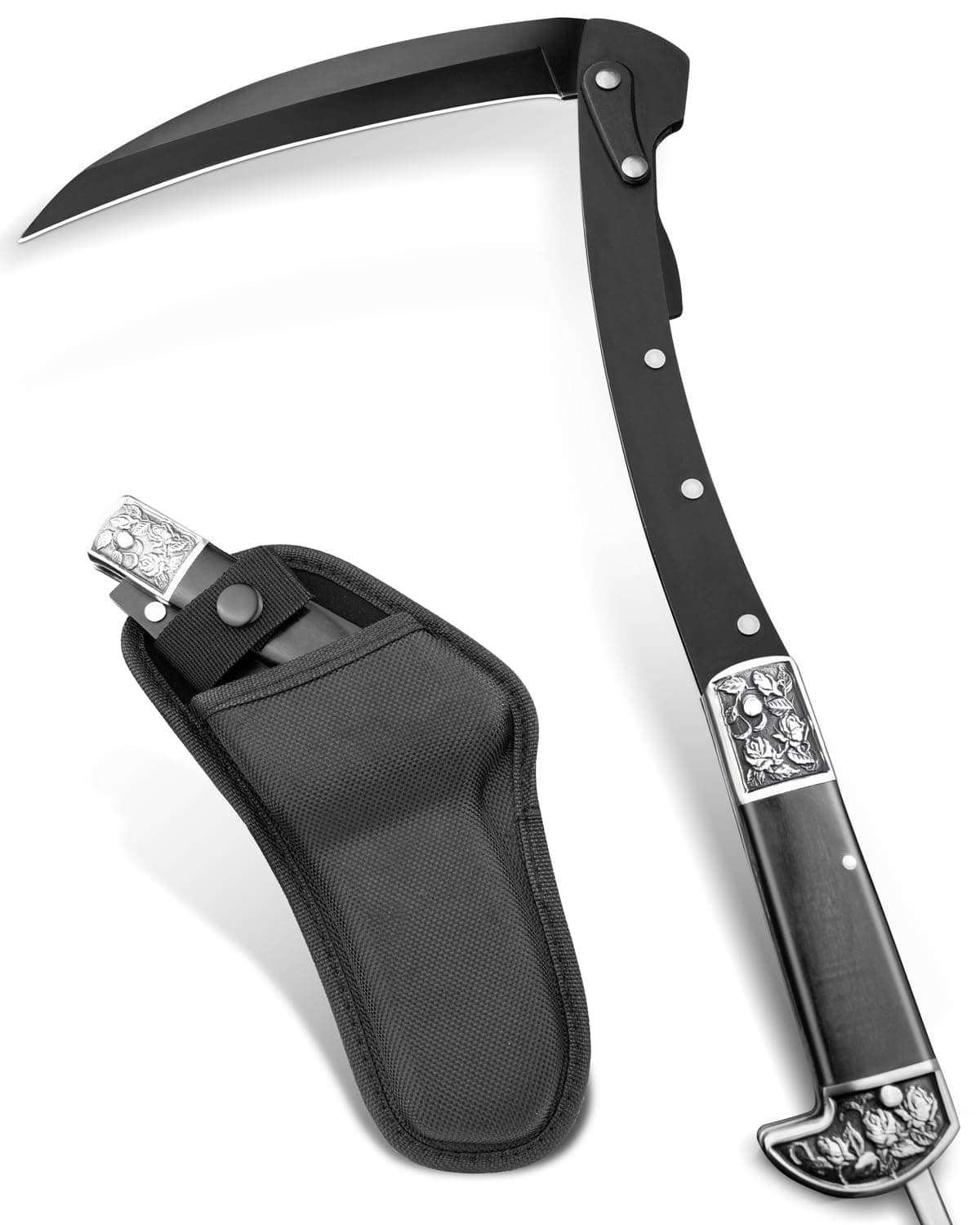VALHALLA Folding Sickle, Black Sharp Folding Scythe with 2 Sections, Hand Sickle Knife Wooden Handle, Portable Safety Sickle Knife with Sheath