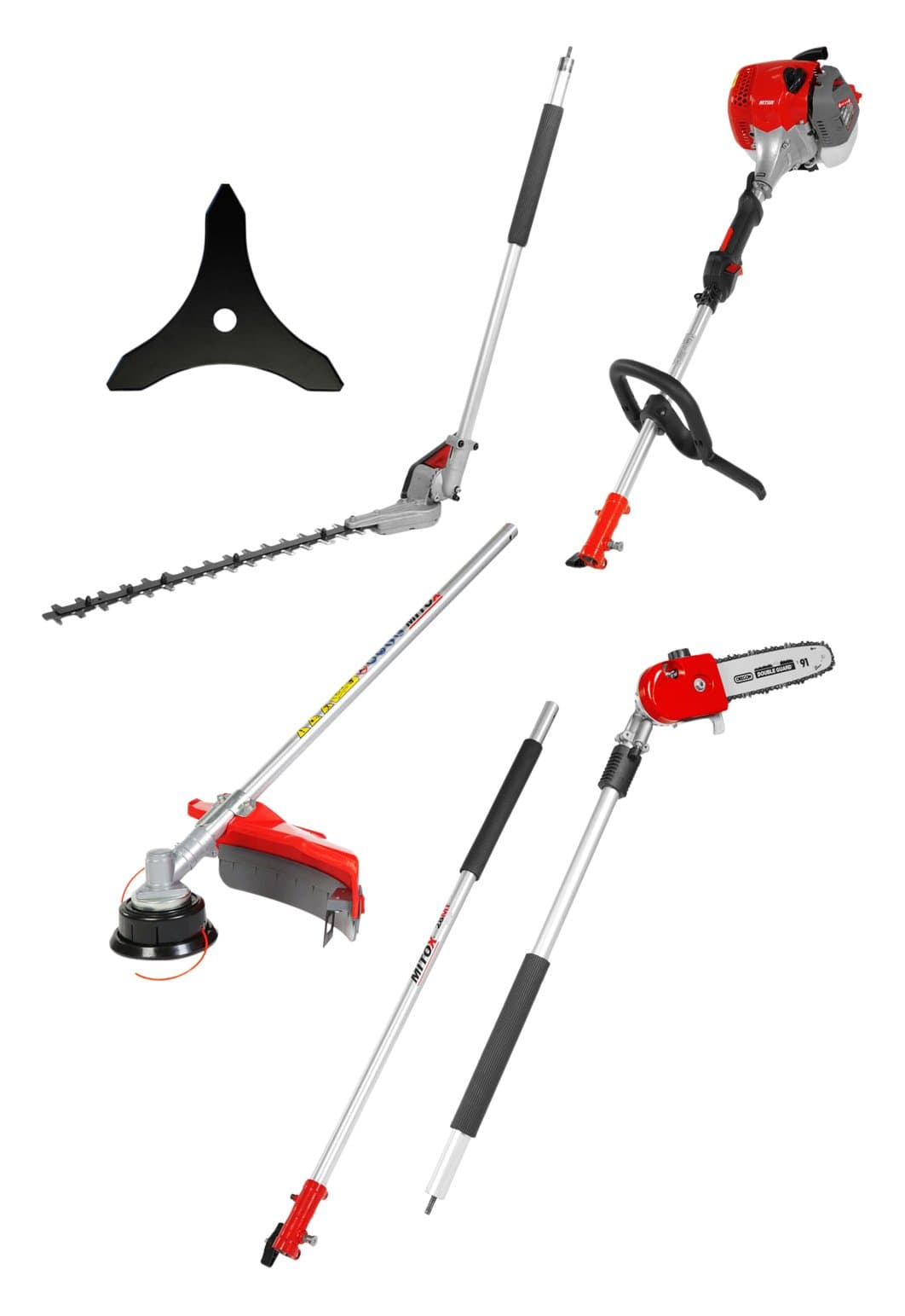 Mitox 28MT-a Select 5-in-1 Petrol Garden Multi-Tool Kit. Includes Grass Trimmer, Long Reach 58cm Hedge Trimmer, Pruning Saw, Brushcutter, 1m Extension. , Red