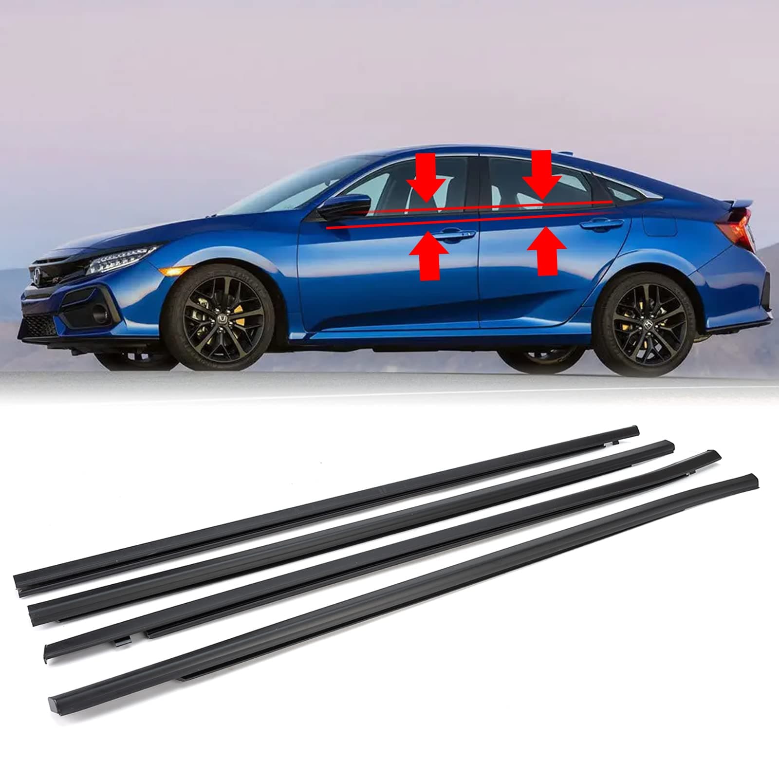 4Pcs Weatherstrip Window Moulding Trim Seal Belt Compatible with 2016-2021 Honda Civic 4 Door Sedan