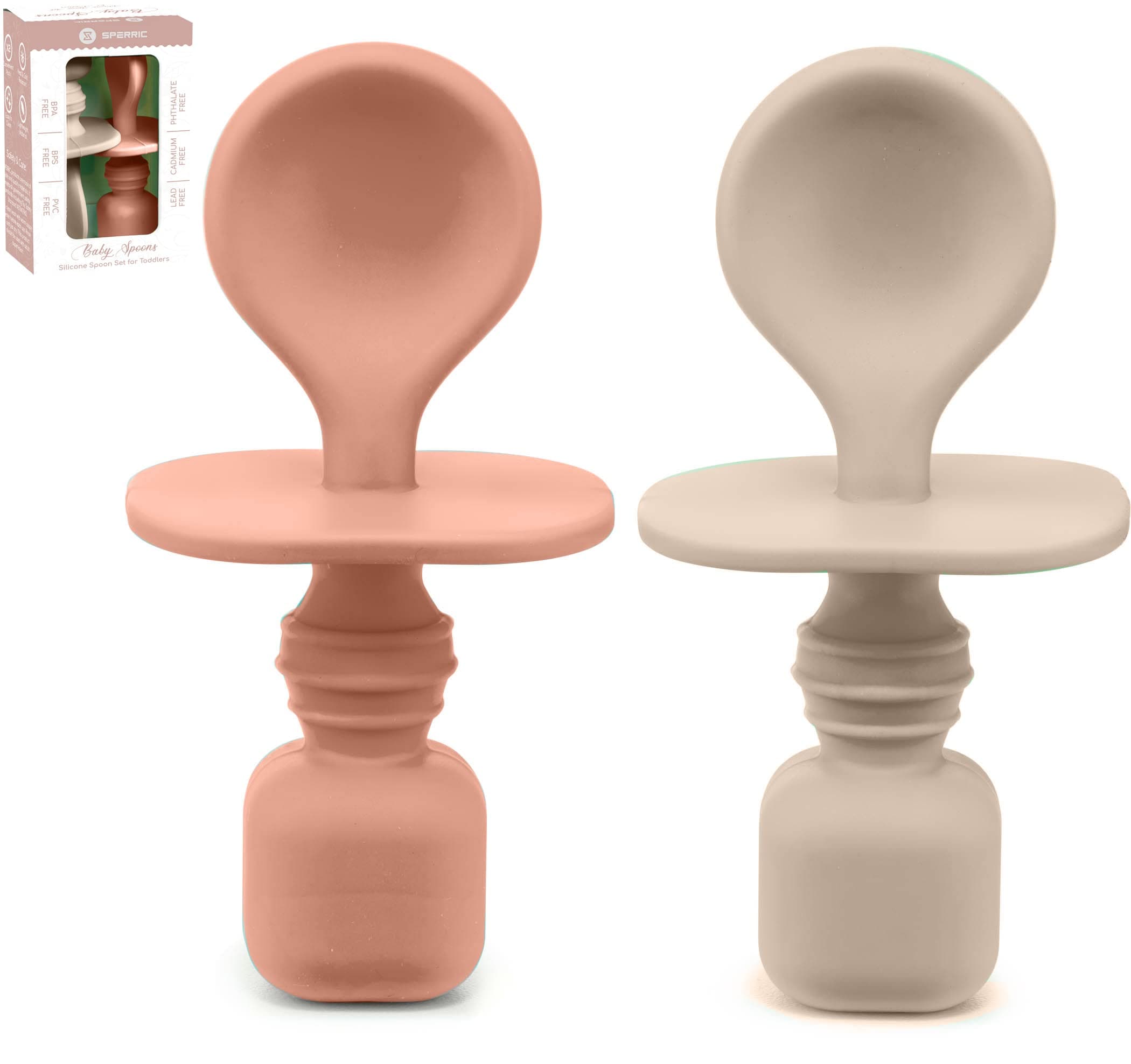 Silicone Baby Spoons for Baby Led Weaning 2-Pack, First Stage Baby Feeding Spoon Set Gum Friendly BPA Lead Phthalate and Plastic Free, Great Gift Set (Sunrise/French Beige)