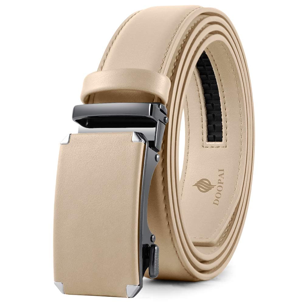 DOOPAI Belt Men, Ratchet Belt Dress Adjustable 1 3/8" Genuine Leather Designer Belt, Size Length Can be Cut, with Gift Box, 054 Beige Men Belt 125, Belt Waist : 36‘’ to 42‘’ Adjustable