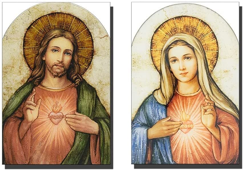 Sacred Heart of Jesus and Mary Painting Poster Picture Print 2 Pieces Canvas Wall Art Home Room Decor Our Lady Mary Immaculate Conception Mural -731 (12x18*2inch-NoFramed)
