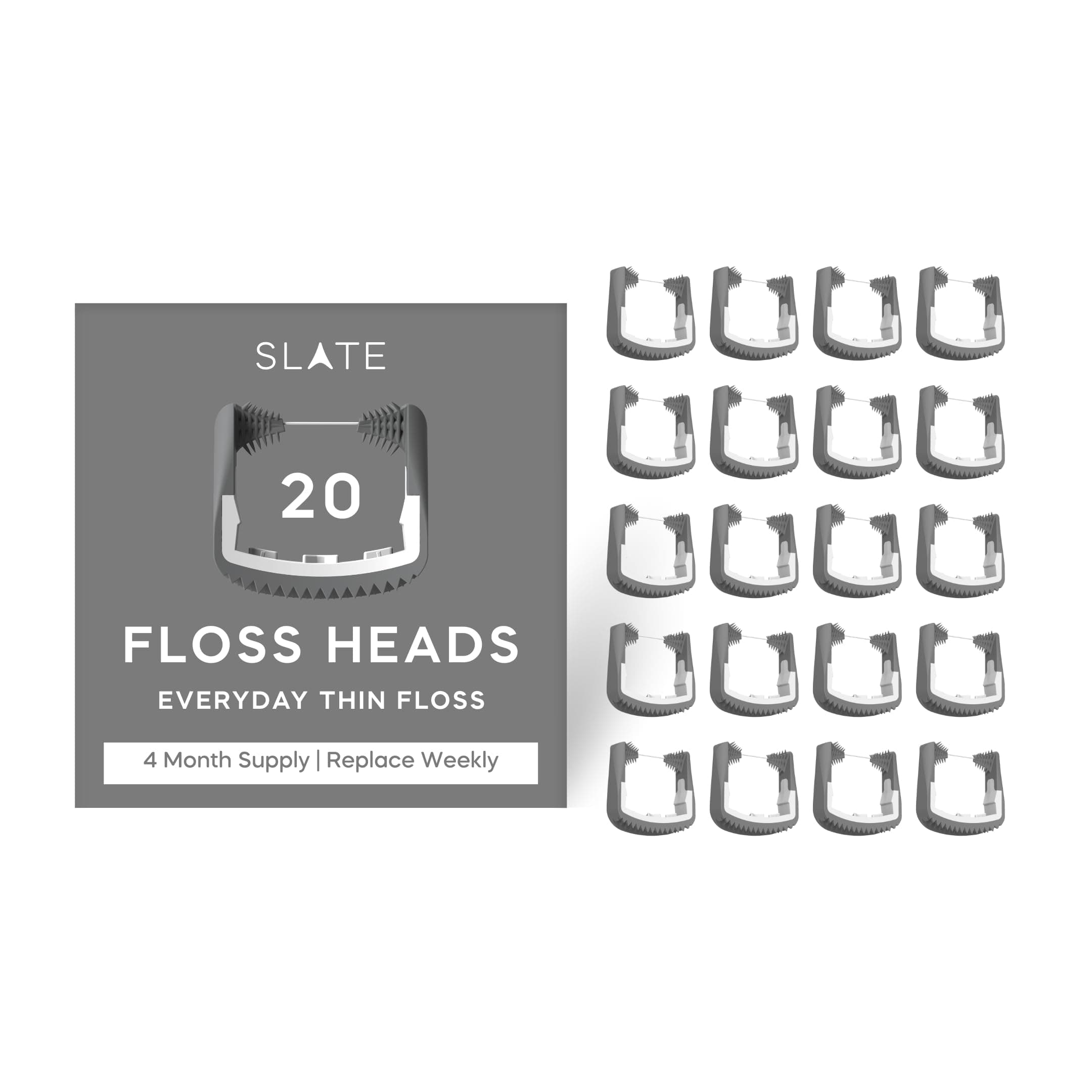 Slate Flosser Refills - Reusable Woven Floss, PFAS-Free, Non-Toxic Dental Floss | Fits Slate Electric Flosser w/Tongue Scraper & Gum Sweeps | 20-Pk Gray Thin Floss Heads
