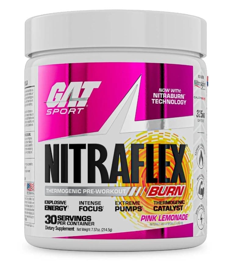 GAT Nitraflex Burn Thermogenic Pre-Workout Powder 30 Servings Pink Lemonade, 204.9g.