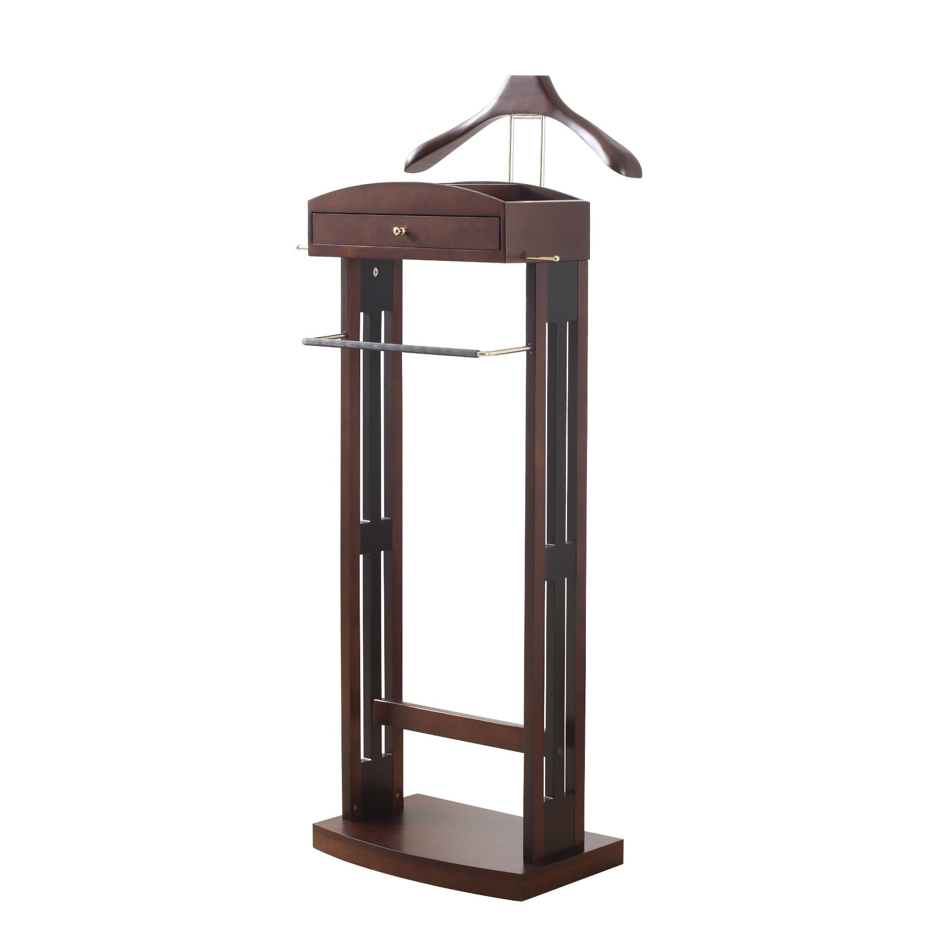 Proman Products Milan Valet Stand with Drawer, Top Tray, Contour Hanger, Trouser Bar, Tie & Belt Hooks and Shoe Rack - VL16226, Dark Walnut
