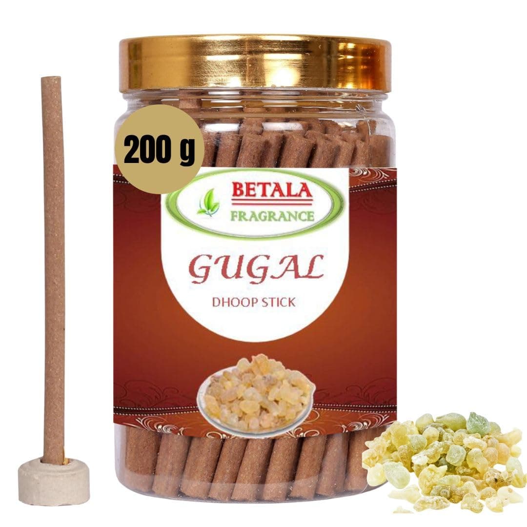Betala Fragrance Guggal Flavour Dhoop Sticks for Pooja, Pack of 200 Gm Dhup Batti with Holder, Agarbatti, Incense Stick, Sandal, Cones, Cup, Sambrani (200 Gm, Guggal)