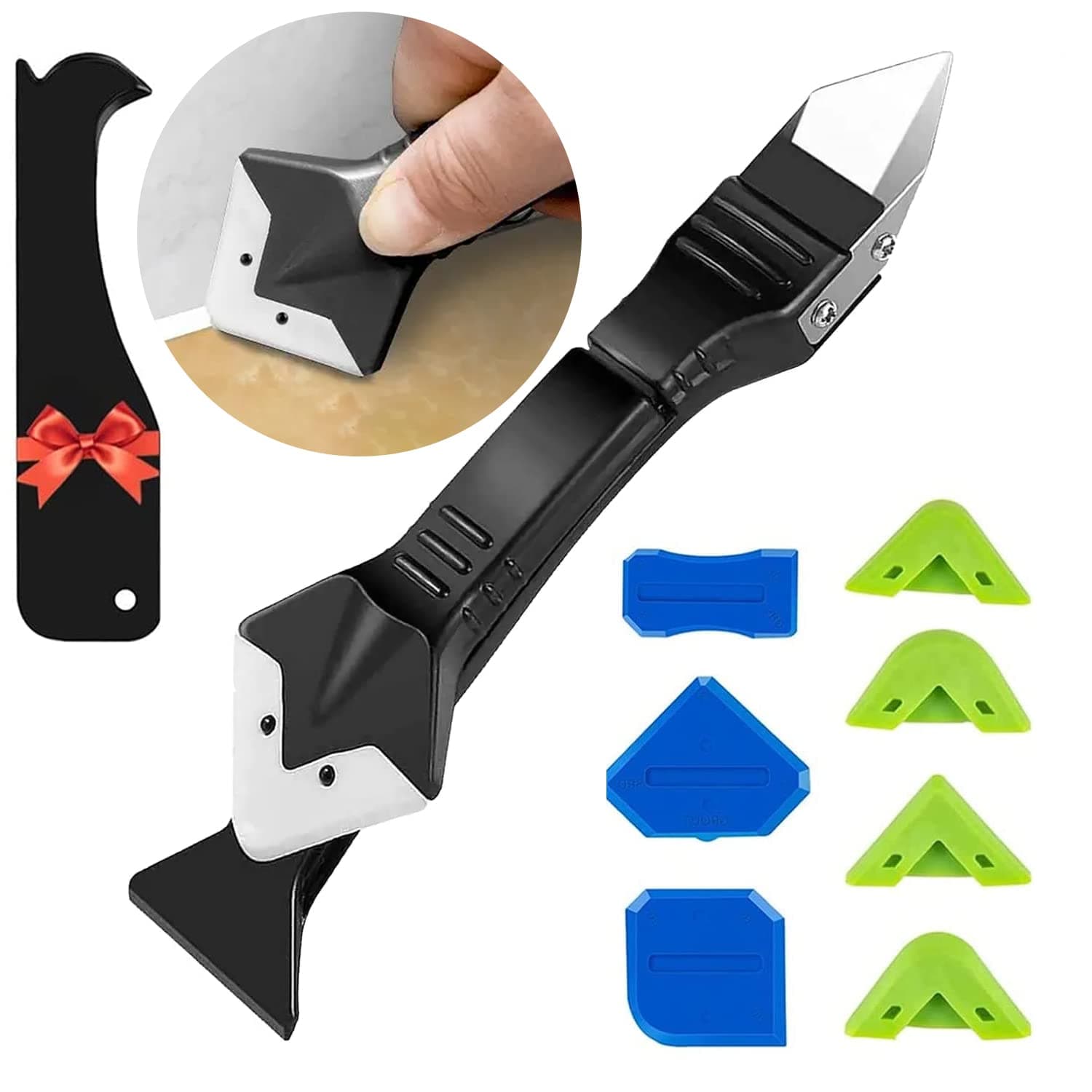 Silicone Sealant Tool Finishing, Caulking Tool Kit 3 in 1, FOLAI Silicone Sealant Remover Tool with Stainless Head&5 Replace Silicone&4 Grout Scrapers Pads for Kitchen, Bathroom, Wall, Floor, Tile