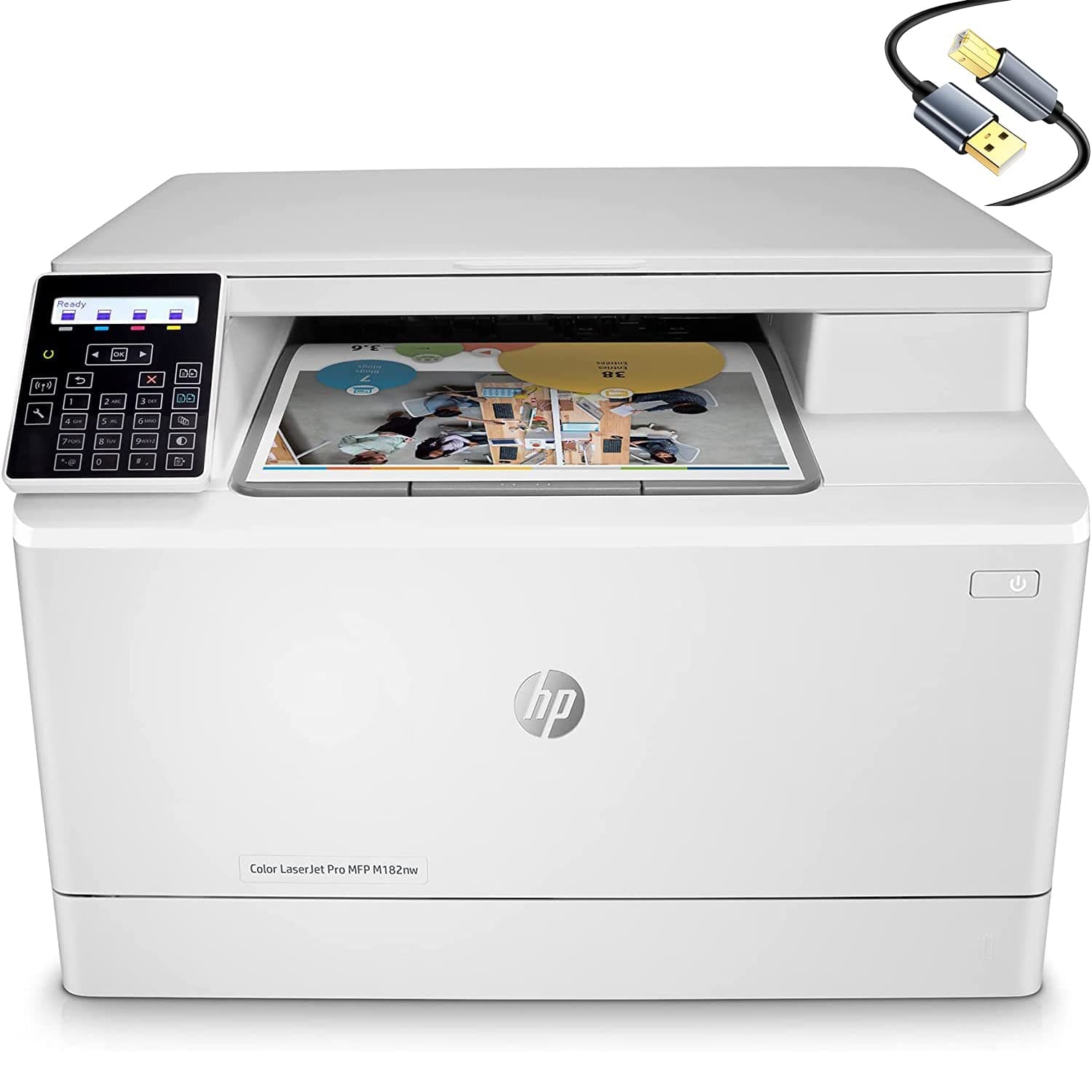 HP Color Laserjet Pro MFP M182nw All-in-One Wireless Laser Printer - Print Scan Copy - 17 ppm, 600 x 600 dpi, 256MB Memory, Photo Printing, 8.5 x 14, 2-Line LCD, Ethernet, White, Cbmou Printer Cable