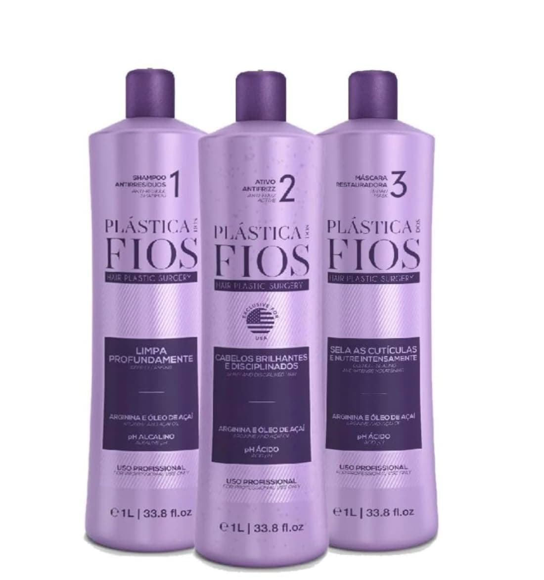 (3x1 Litter) Plastica Dos Fios Brazilian Keratin Hair Smoothing System, Anti Residue Shampoo And Repair Mask - The Best Treatment System (Set of 3)
