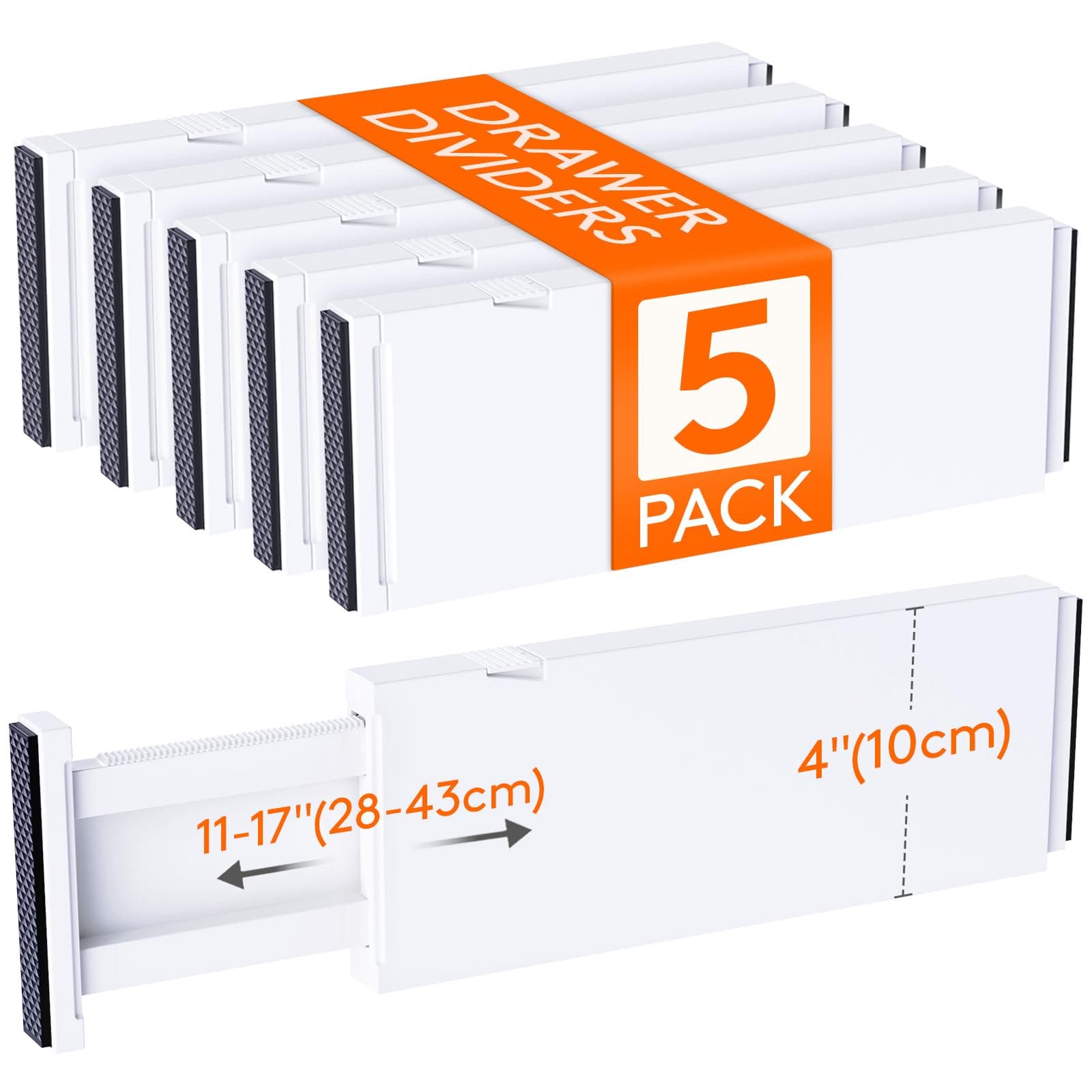 5 Pack 4" High Drawer Dividers 28-43.5cm/11-17" Adjustable Drawer Organizer for Clothes/Utensils, Expandable Drawer Separator in Dresser/Kitchen/Bedroom/Office Organization & Storage White