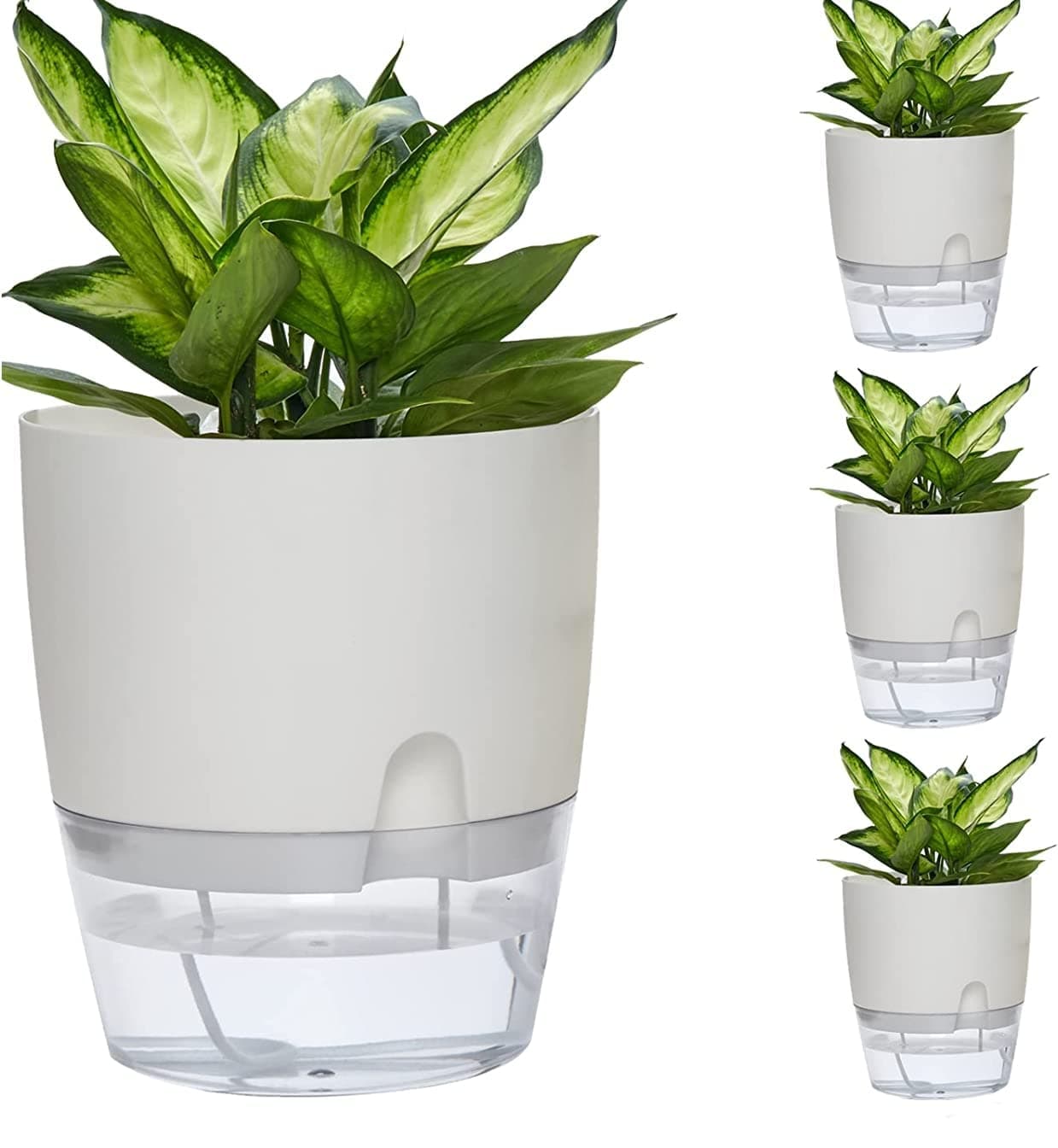 Self Watering Pots for Indoor Plants, 4 Pack Decorative Plant Pots with Extra Large Water Storage, Suitable for Indoor Outdoor Plants and Flowers (White, 4.1 Inch)