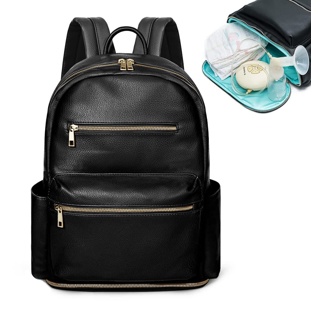 MOMINSIDESmall Diaper Bag Backpack, 13 Pockets Leather Mini Baby Bag Backpack, Breast Pump Bag, 13 Inch Laptop Sleeve, 2 Insulated Pockets, Bottom Compartment(Black)