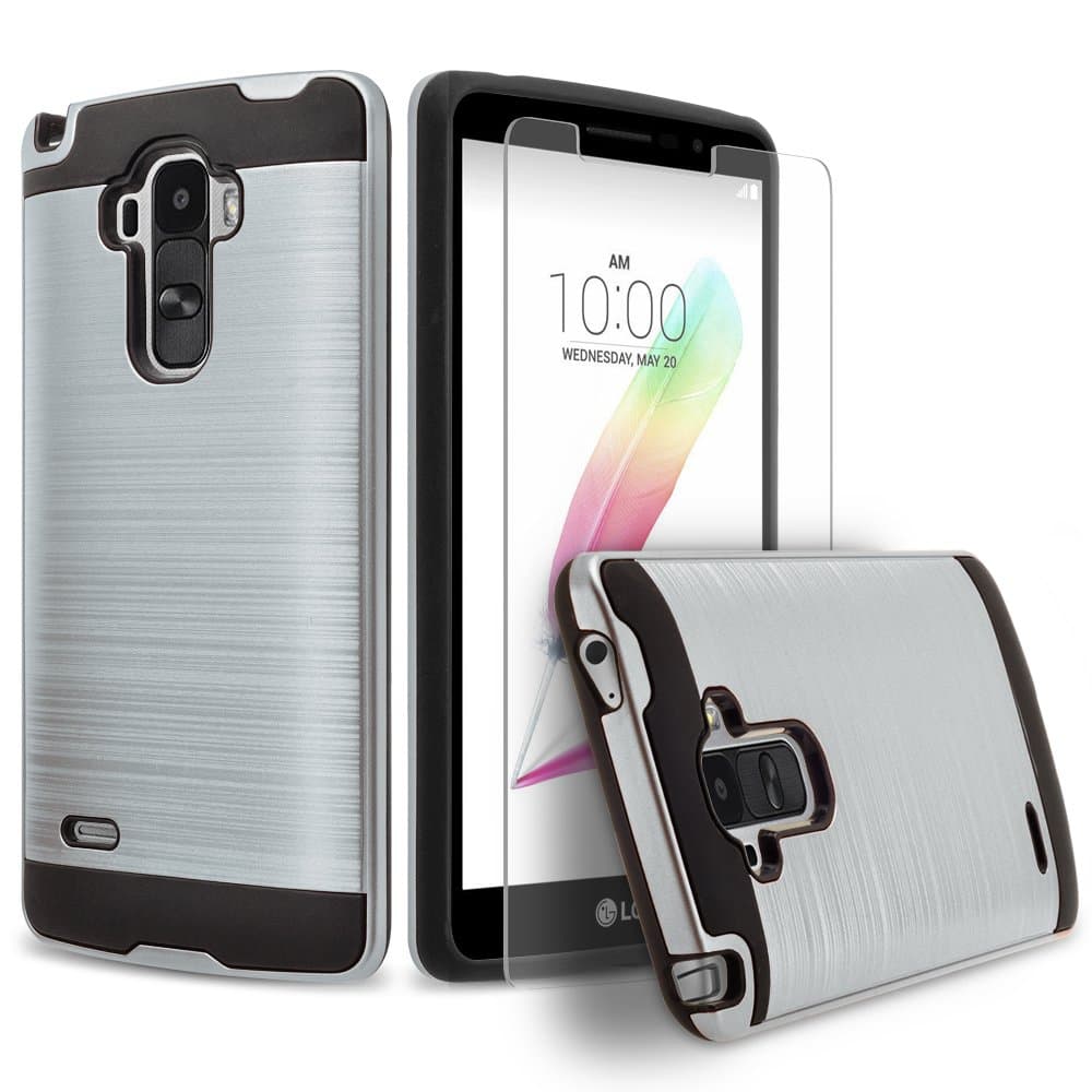 Circle LG G Stylo Case, 2-Piece Style Hybrid Shockproof Hard Case Cover (TM) Stylus Touch Screen Pen and Screen Protector - Silver