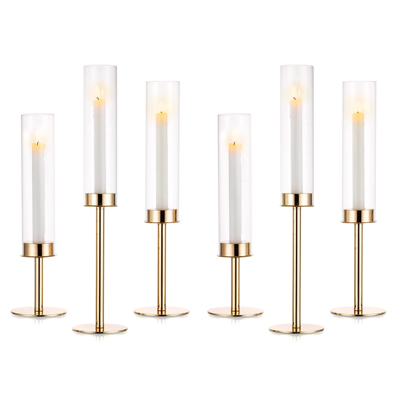 NUPTIO Candle Sticks Holder Hurricane - Gold Taper Candle Holder Glass Cylinder Candlestick Tall Wedding Table Centrepiece Party Decor Metal 6Pcs