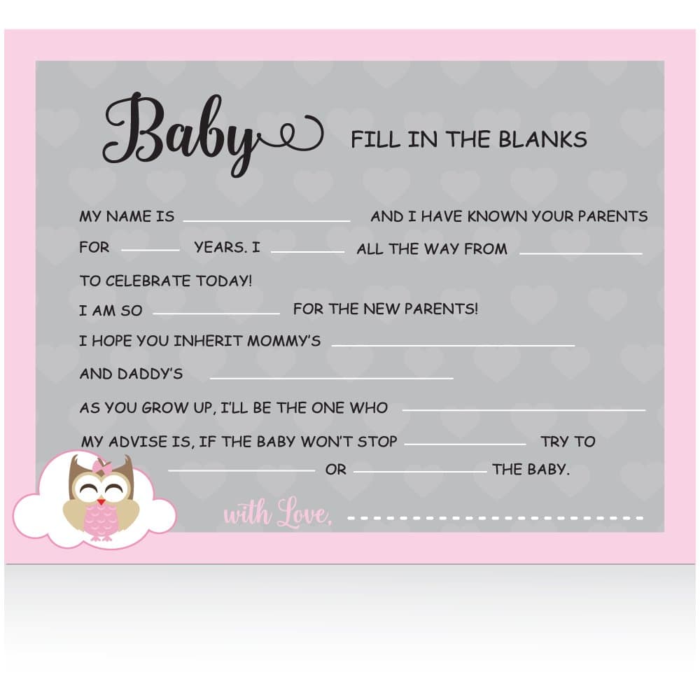 Pink Baby Girl Shower Collection: OWL Baby Fill in The Blank Game, It's a Girl Fill in the Blank