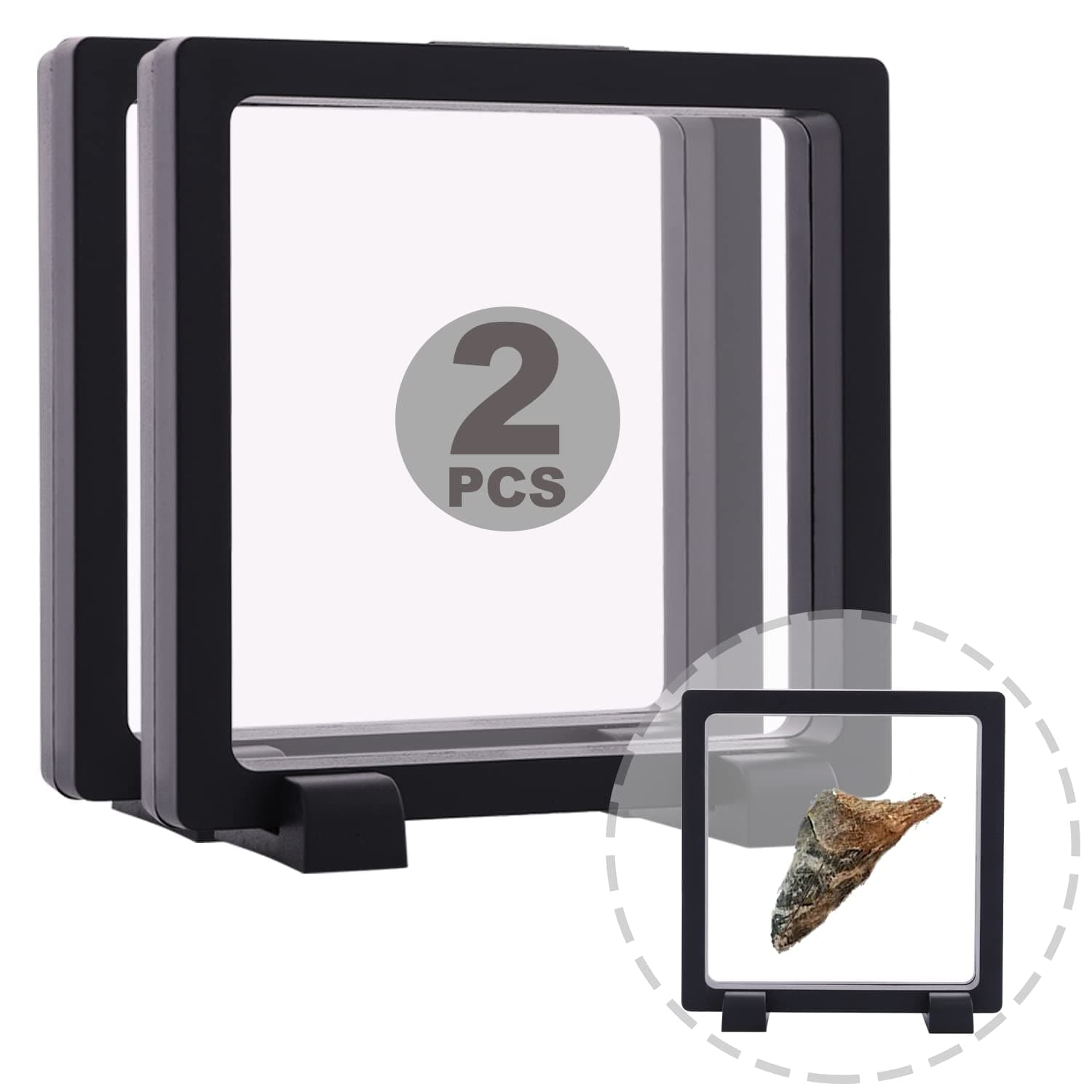 YITOU 2 Set 4.3 Inch 3D Floating Display Case Stand for Jewelry, Challenge Coin Display Frame Display Stands Case Holder for Fossil, Rock, Gemstones, Megladon Tooth, Specimens, Floating Frame Case