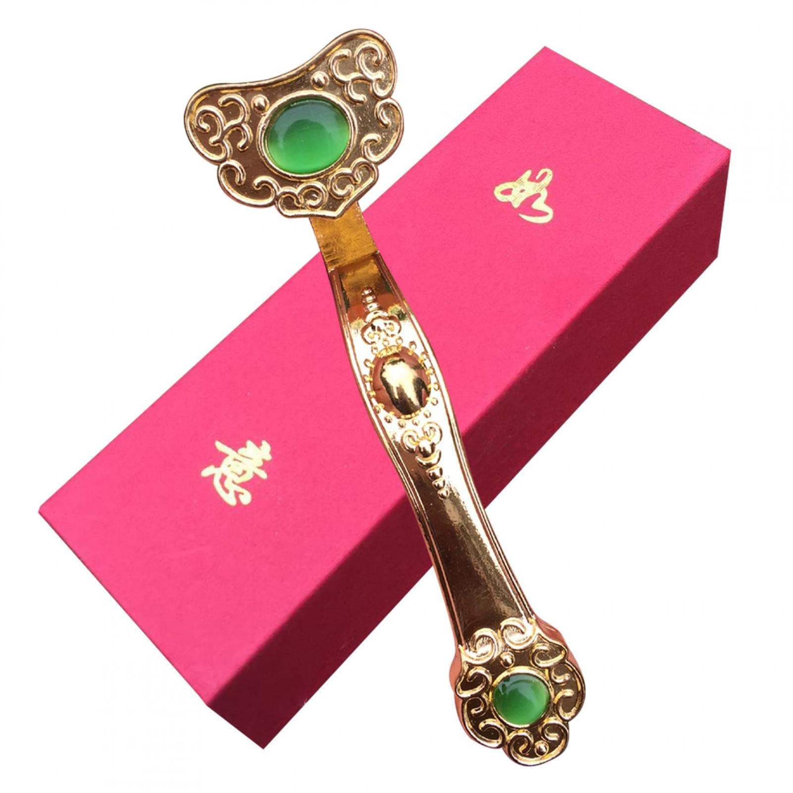 Ru Yi Ornament, Chinese Feng Shui Ruyi Scepter Ornament, Golden Ru Yi Embedded Jade Crystay Good Fortune Wealth Feng Shui Crafts with Box(gold color,size:10 * 3cm)
