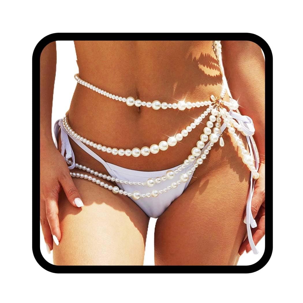 Asooll Pearl Waist Chain Layered Rave Fashion Beach Body Jewelry Chains for Women