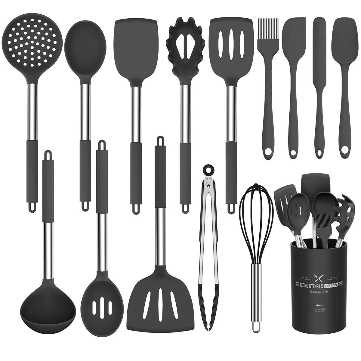 Umite Chef Silicone Cooking Utensil Set, 15pcs Silicone Cooking Kitchen Utensils Set, Non-stic - Best Kitchen Cookware with Stainless Steel Handle - Black