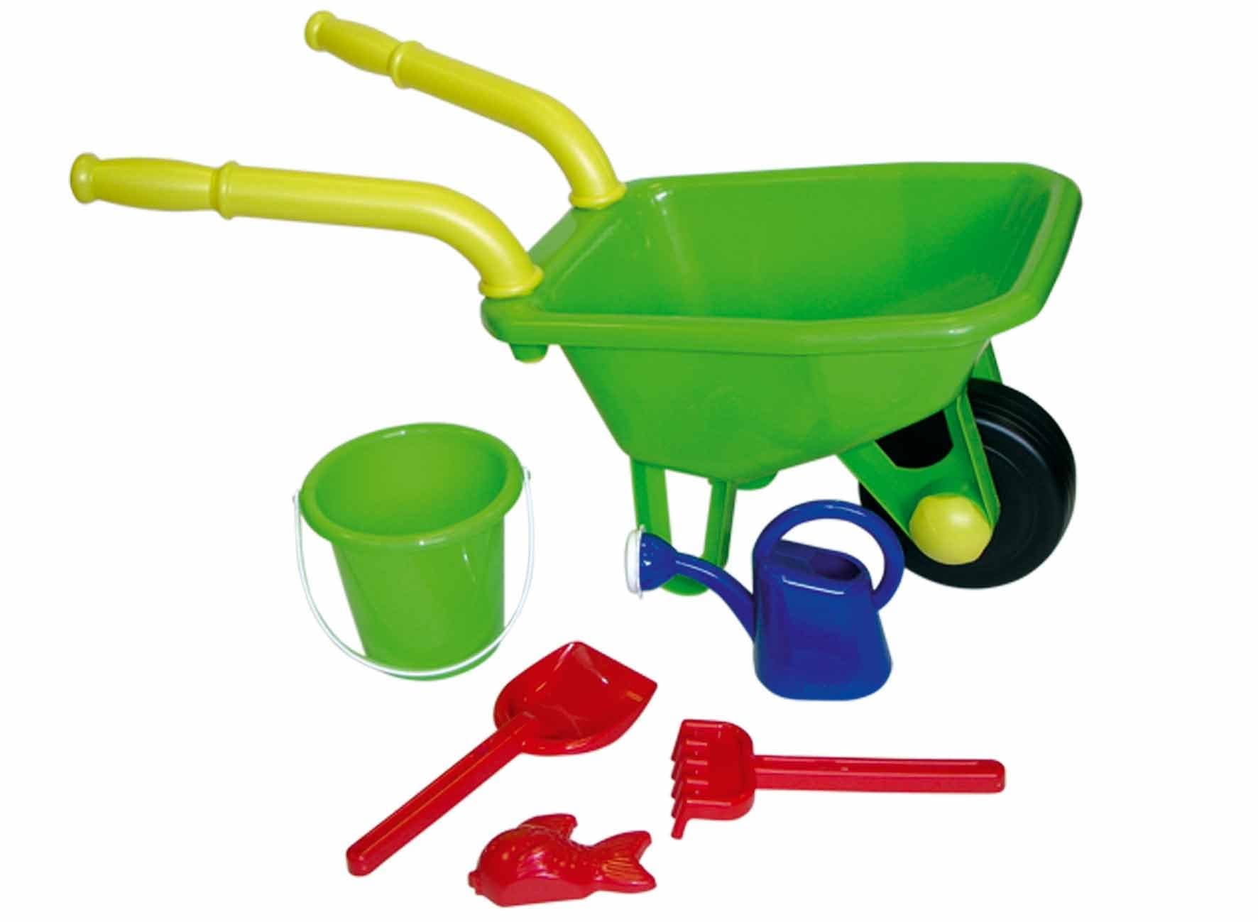 PeterkinWheelbarrow Playset Toy | 70cm plastic wheelbarrow with moving wheel, plus bucket, watering can, rake, shovel and sand mould | Outdoor Toys | Garden Toys | Ages 3+ assorted colours
