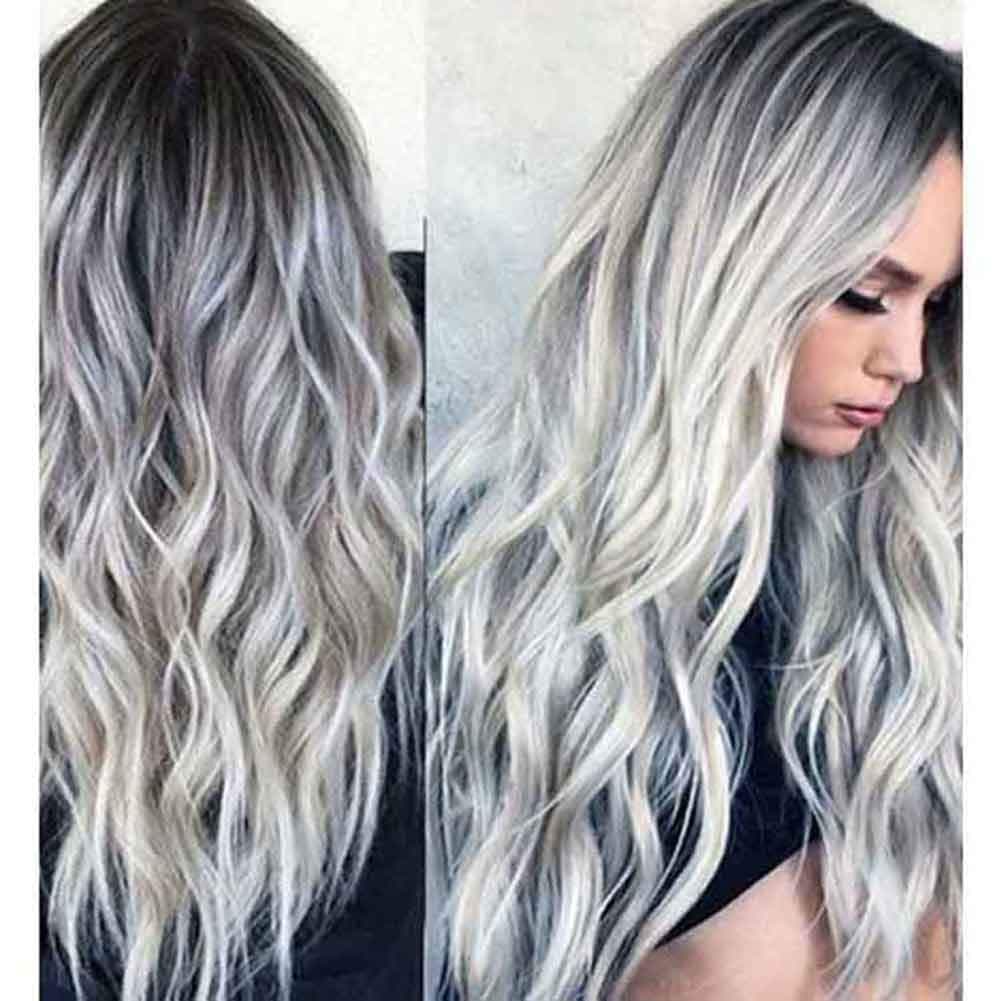 Silver Gray Long Wavy Synthetic Hair Wig for Women - Heat Resistant 23inch Cosplay Wig (Ombre Silver)