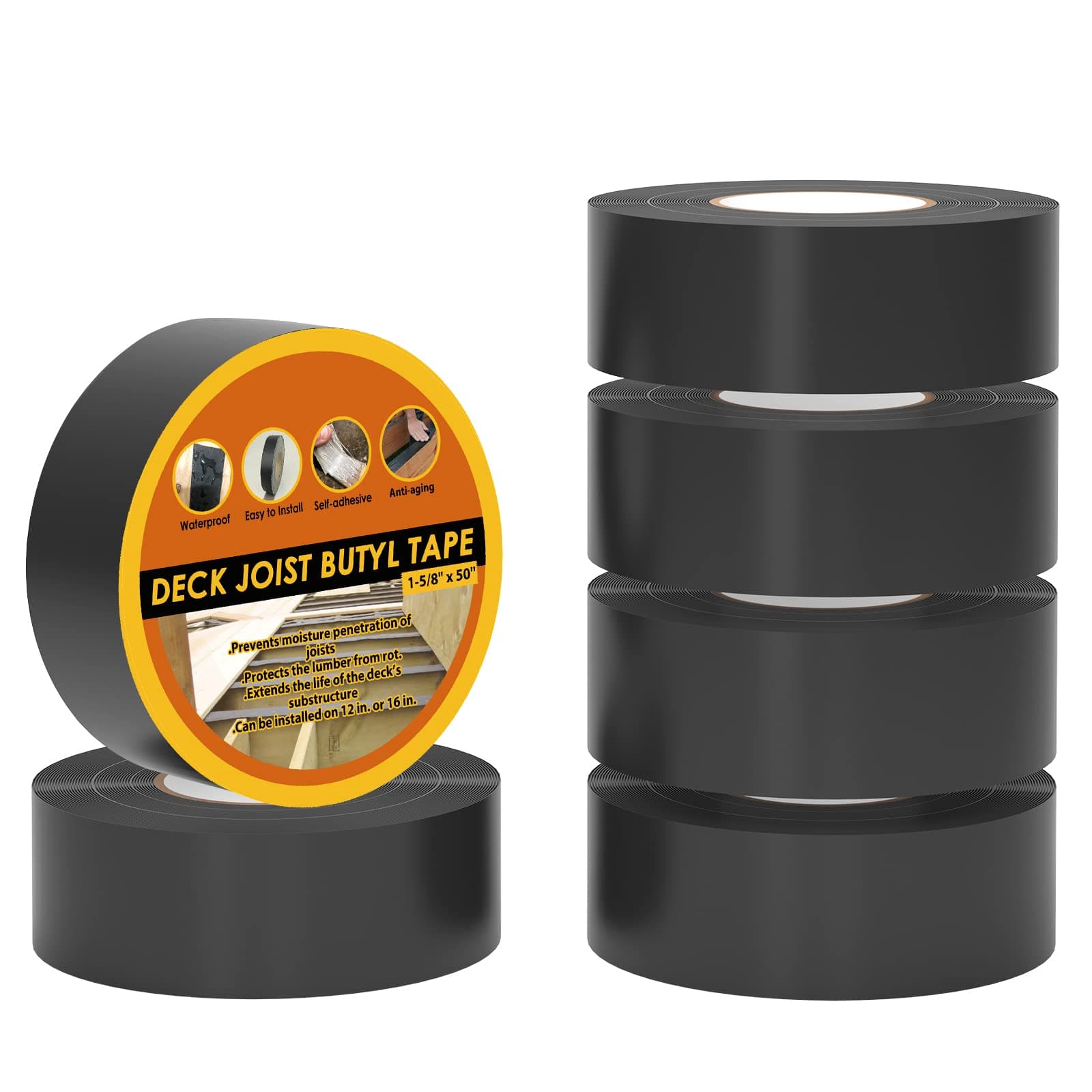 Deck Joist Tape 1-5/8" x 50' Butyl Joist Tape for decking, 6 Pack Flashing Joist Deck Tape for Top of Joists, Rim Joists, Under Joists and Beams