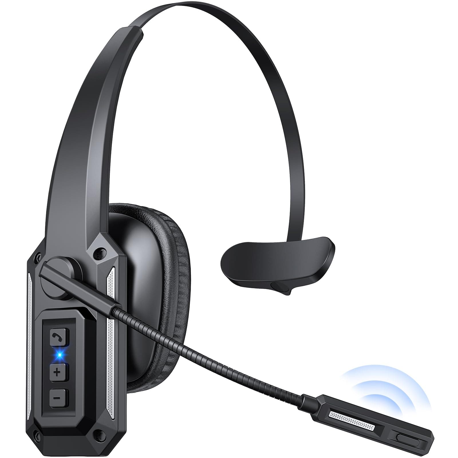Trucker Bluetooth Headset with Mic, Wireless Headset with Noise Cancelling Microphone & Mute Button, 60Hrs Battery, Over-the-Head Bluetooth Headphones for Work, Cellphone, Laptop, Office, Black