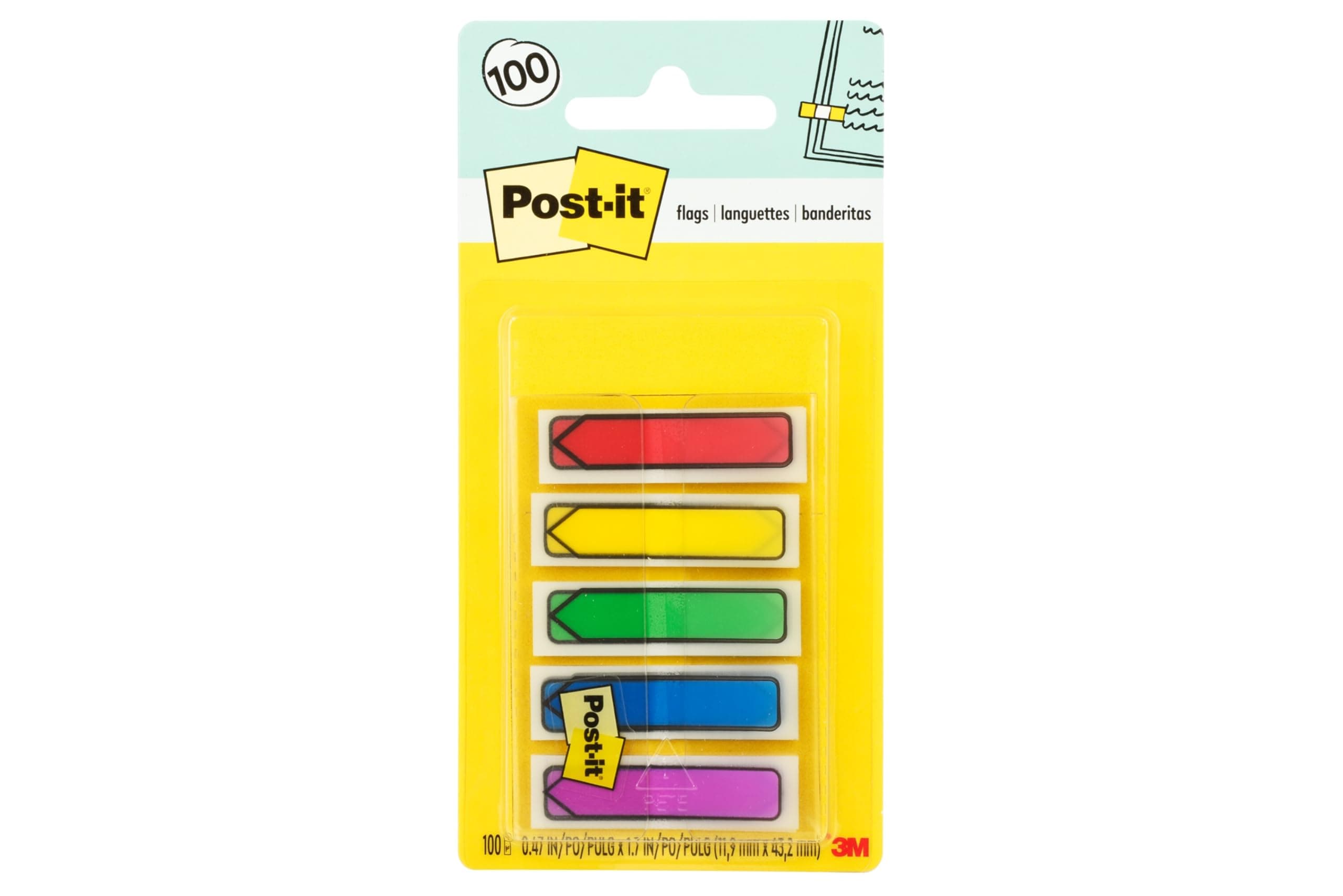 Post-it Arrow Flags, 0.47 in. x 1.7 in., One Dispenser With 100 -Count Assorted Primary Colors Sticky Tabs Per Dispenser, Removable Page Markers for Planners, Journals, and Calendars (100 Flags Total)