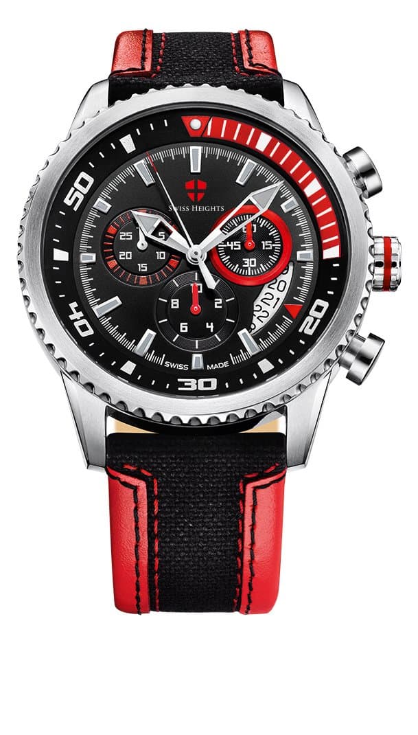 Swiss Heights 'Montana' Sport Style Chrono Men's Quartz Watch 'Limited Addition' with BlackDial Chronograph Display and Red/Black Leather Strap