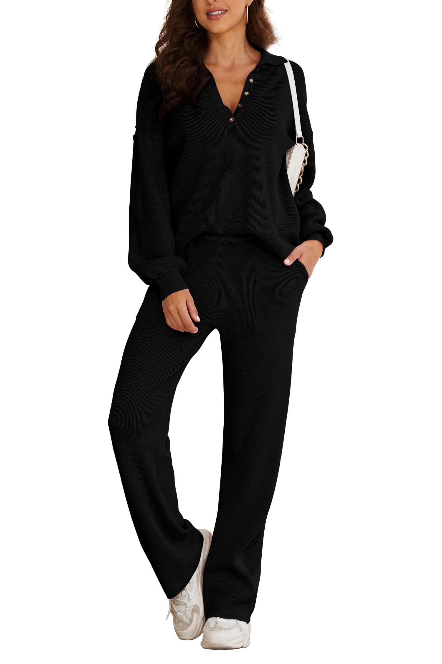 JumppmileWomen's 2 Piece Outfits Sweater Set V Neck Long Sleeve Pajama Wide Leg Lounge Set