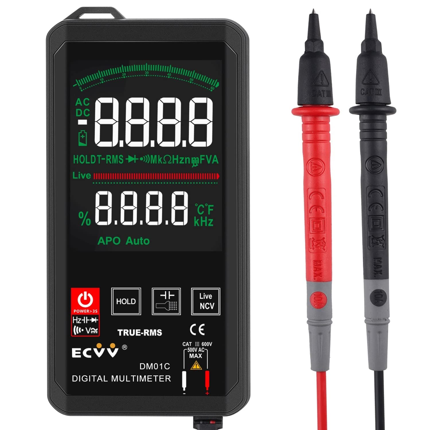 Ecvv 6000 Counts Touch Digital Multimeter Color Display Auto Recognition Mini Ncv Handheld Multimeter 1000V Dc Voltage Meter Large Screen Universal Meter (Color Display)
