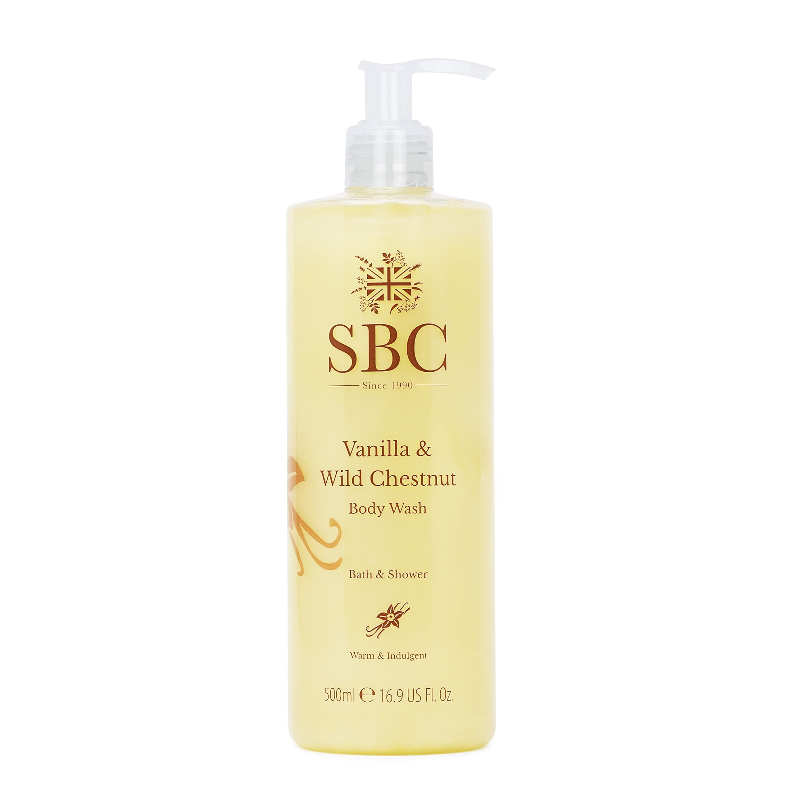 SBC Skincare Vanilla & Wild Chestnut Body Wash - 500ml | Indulgent Shower Cream For All The Family | Cleansing Shower Gel | Vegan Friendly | SLS And Silicone Free