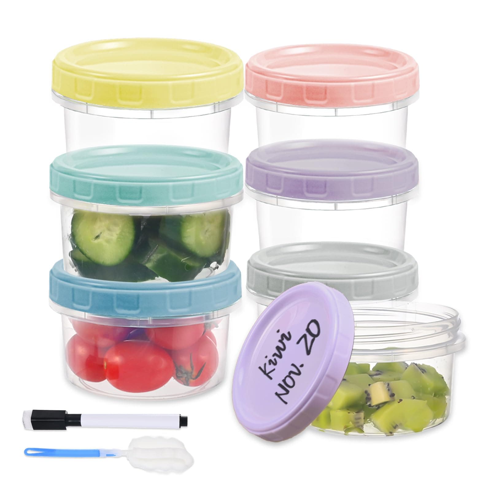 6pcs 8 oz Plastic Containers with Screw Lids, Reusable Clear Food Storage Containers with Pen and Brush for Snack Salad Fruit, Leakproof Small Freezer Containers, Microwave & Dishwasher Safe