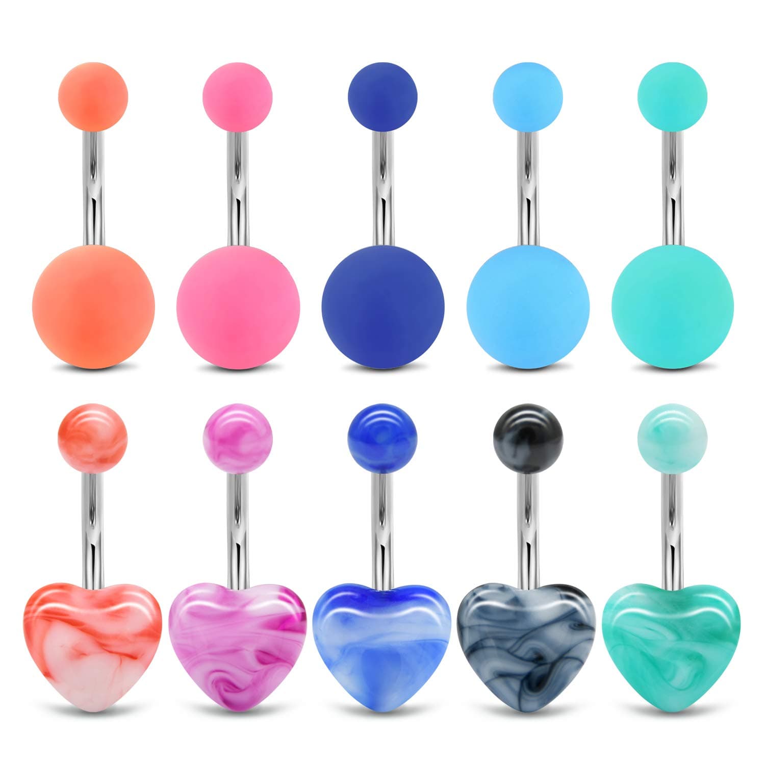 MODRSA Belly Button Rings Surgical Stainless Steel Belly Ring Pack 14G Cute Heart Pearl Navel Piercing Jewelry for Women Girls 10mm Silver