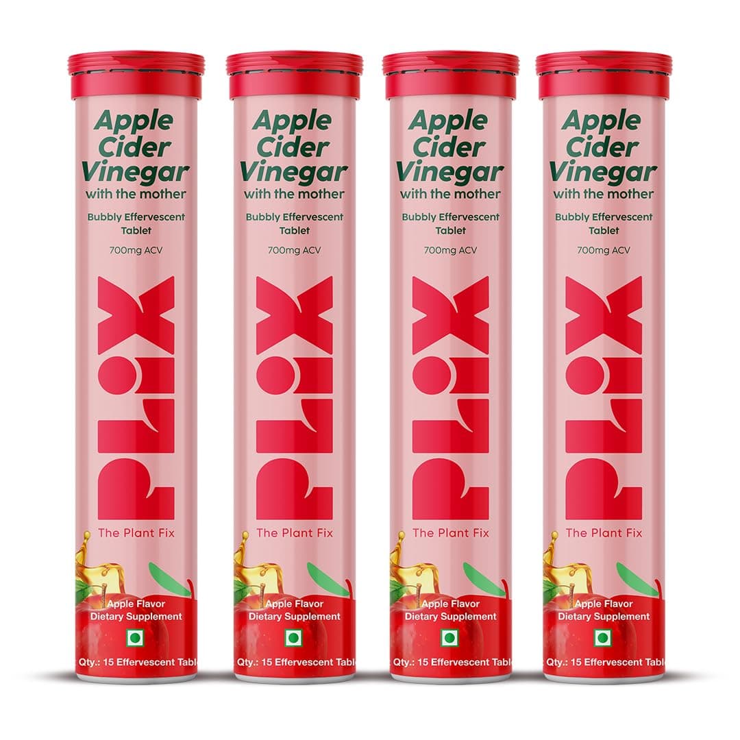 PLIX - THE PLANT FIX Apple Cider Vinegar Effervescent Tablet with Mother I with Vitamin B6 & B12 | Pack of 4 (Apple), 15 Tablets