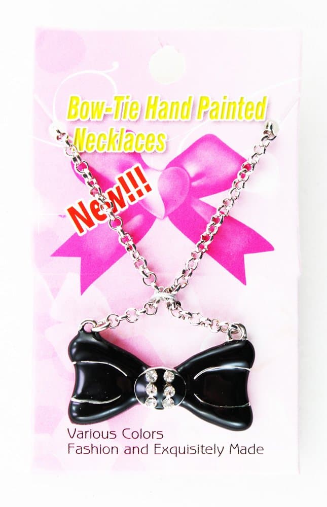 Diamond Studded Bow Tie Pendant Necklace - Black Bow Tie Fashion Necklace