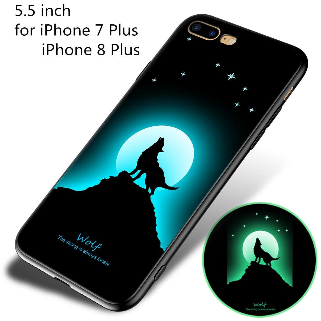 LAAKSO Case Cover for Apple iPhone 8 Plus iPhone 7 Plus Cell Phone Sleeves Protect Case Luminous Noctilucent Night Glow in Dark Ultra Slim Flexible Soft TPU Protective Case (Wolf)