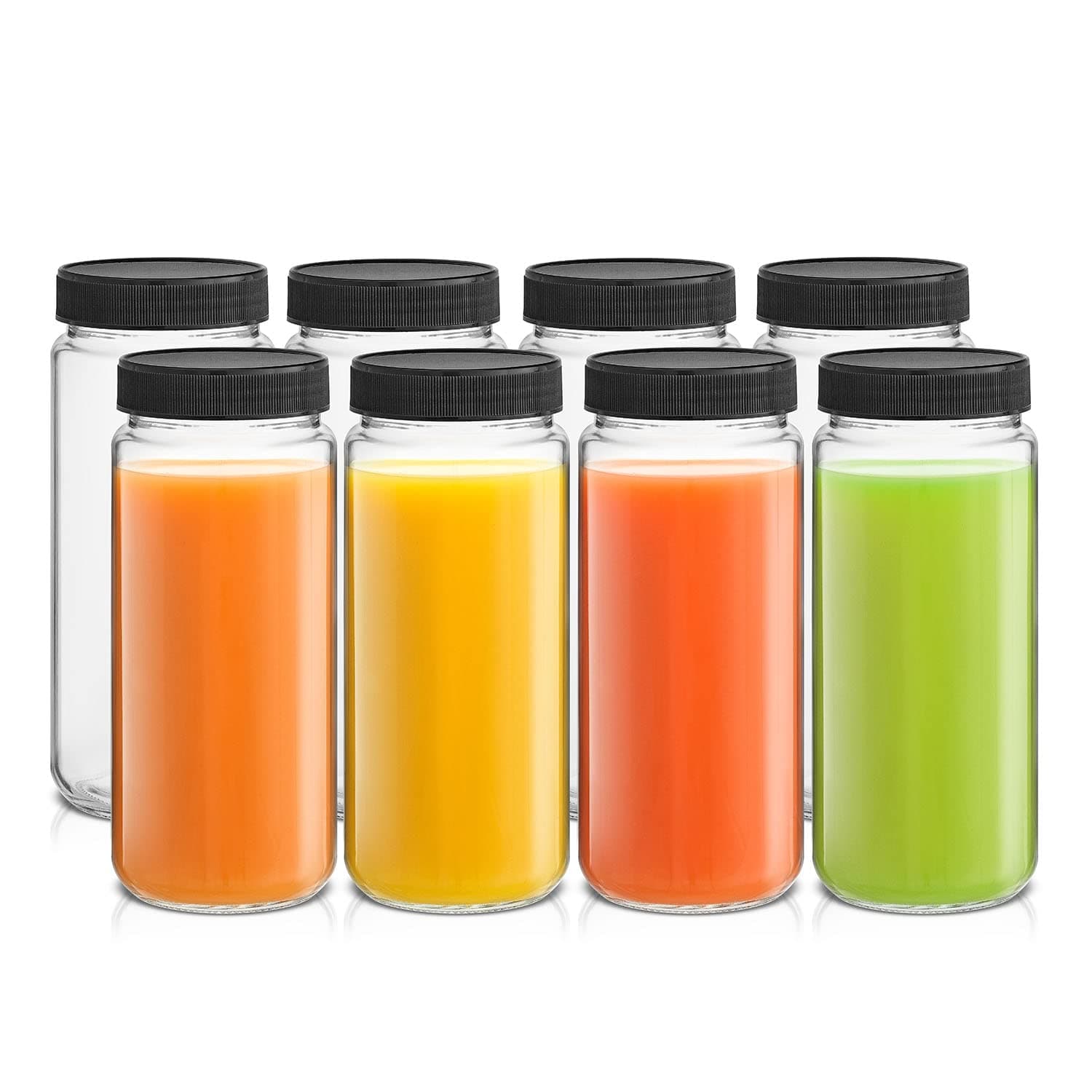 Glass Juice Bottles, 16 oz Glass Bottles with Caps. Set of 8 Juice Containers with Lids for Fridge, and Labels for Juice Jars. Glasses for Juice, Cold Brew Bottles, Smoothie Jars