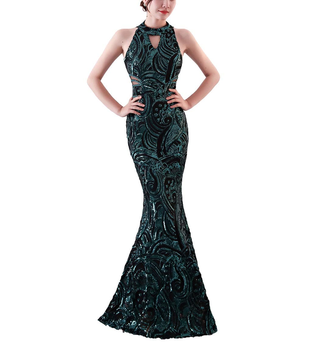 Chowsir Women Elegant Halter Fishtail Slim Cocktail Party Evening Wedding Guest Dress Long Sequin Dresses