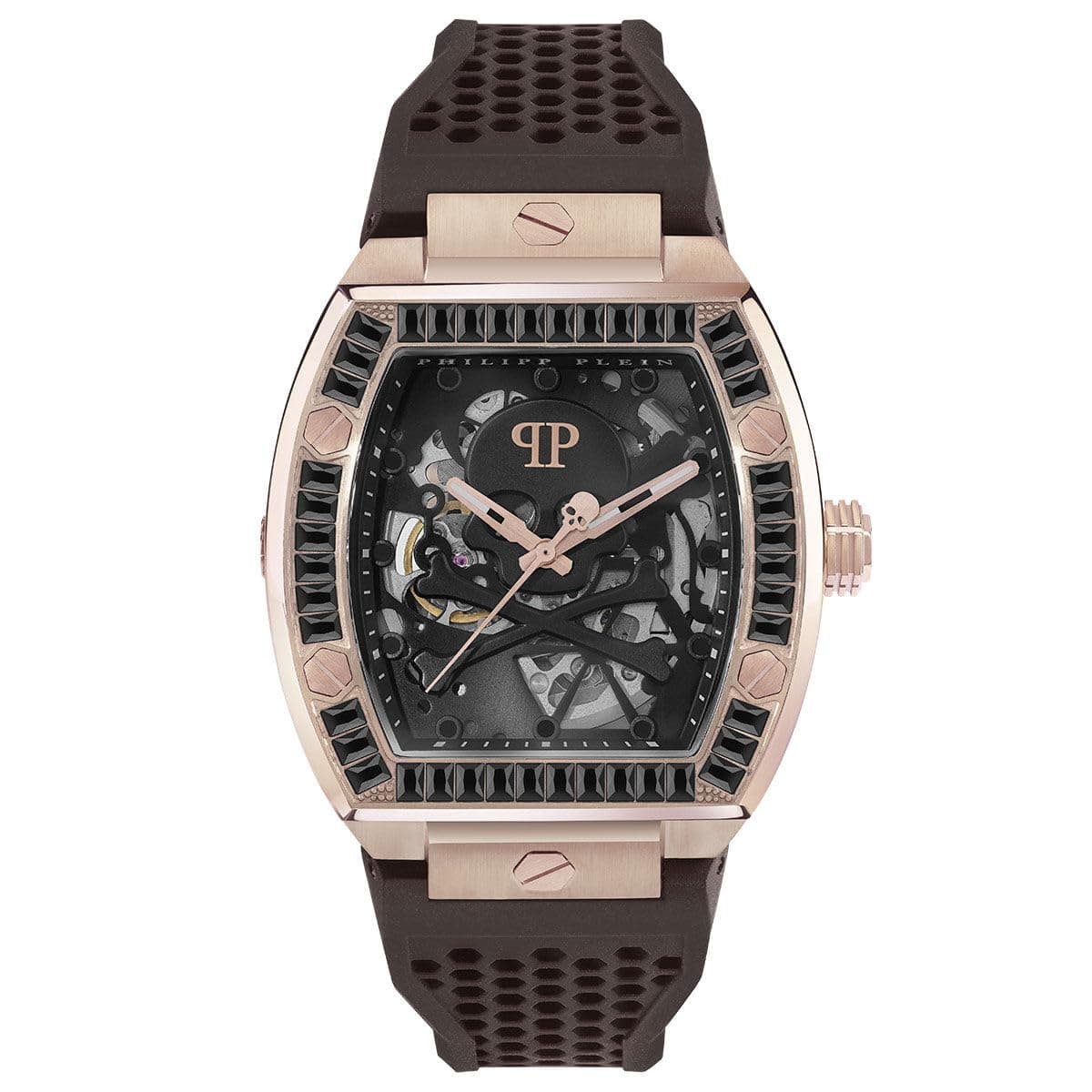 The $keleton Collection Luxury Mens Watch Timepieces with a Brown Strap Featuring a Rosegold Case and a Black Dial