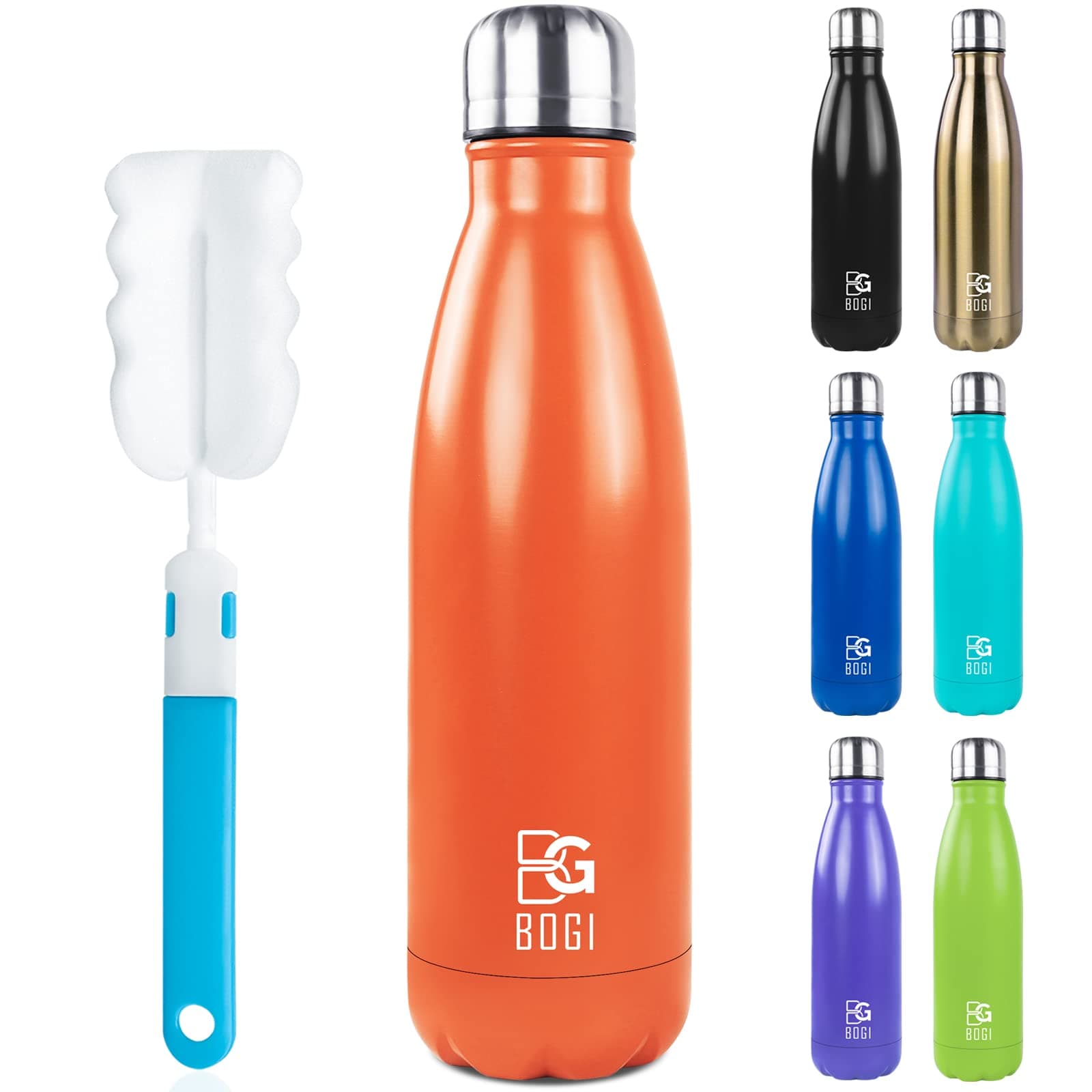Insulated Water Bottles,500ml Metal Water Bottle,Leakproof Stainless Steel Water Bottle Keep Hot and Cold Water Bottle Bike Gym Sports Water Bottle with Cleaning Brush(Orange)