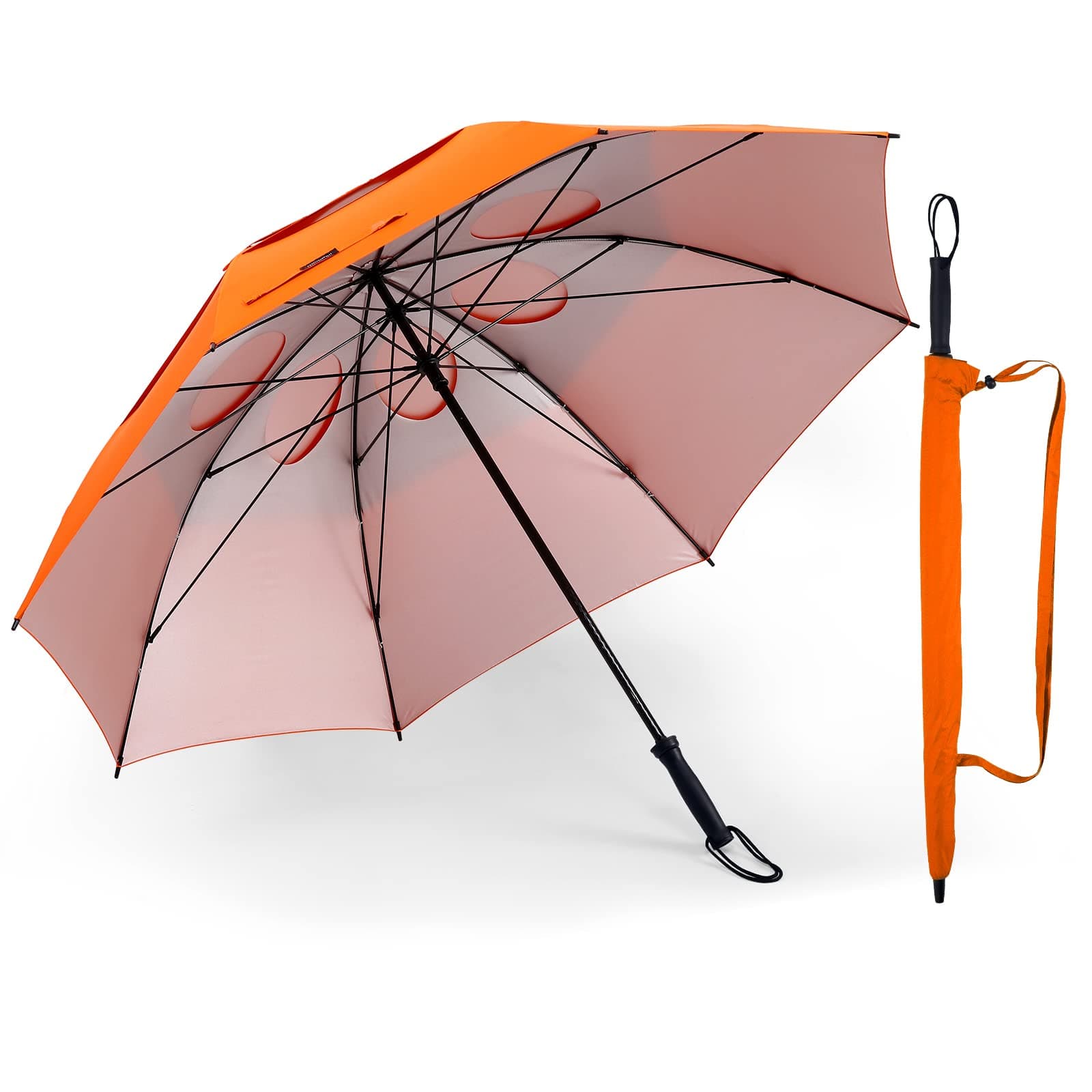 Storm Proof Umbrella Sports Golf Umbrella 62 Inch Large Size Sturdy Umbrella UV Protection And Resist Up 55 MPH Strong Wind For Men And Women (Orange)