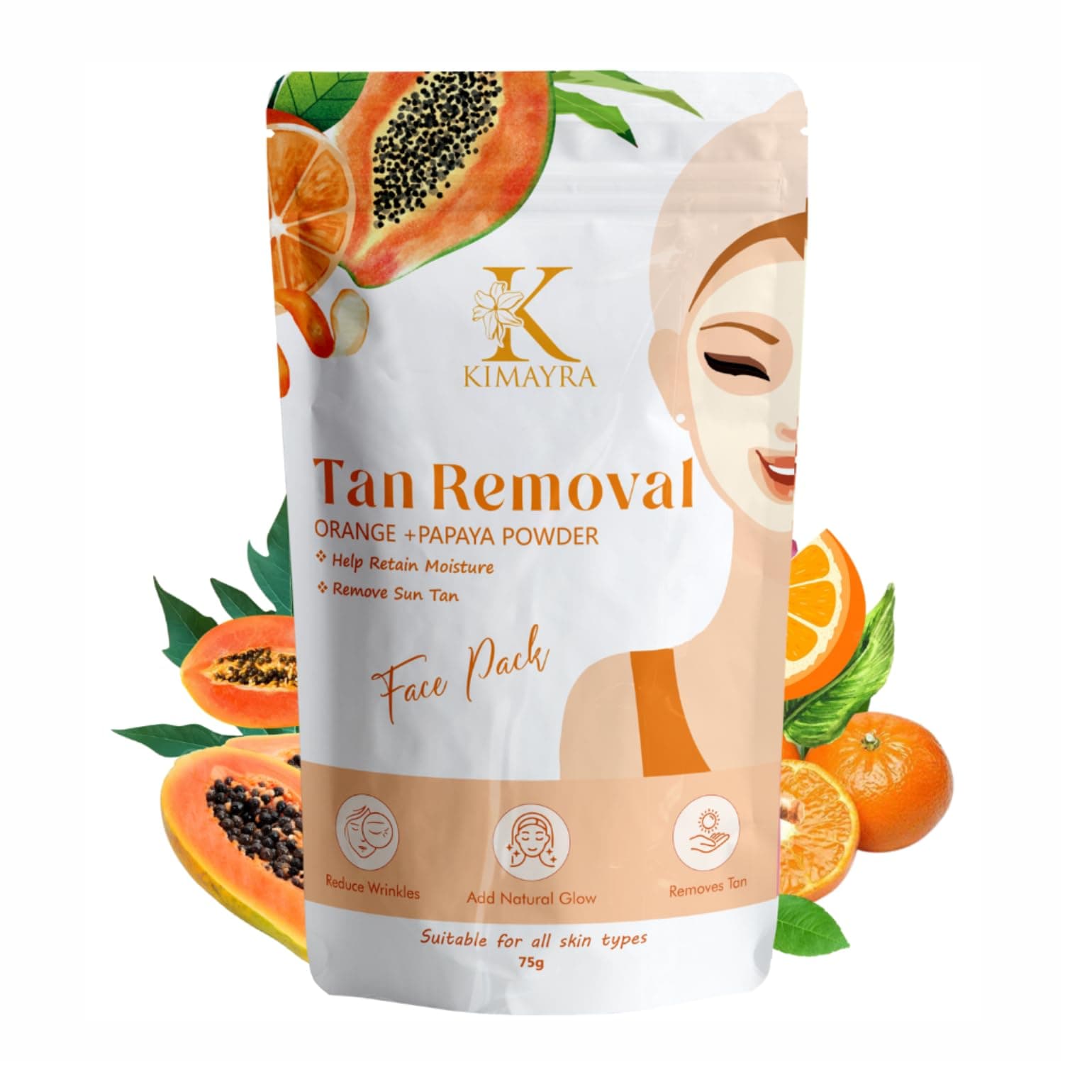 Kimayra Organic Orange + Papaya Face Pack Powder For Tan Removal | Helps In Retain Moisture & Reduce Wrinkles & Fine Lines | Natural Face Pack For Women/Men - Safe For All Skin Type – 75gm (Pack Of 1)