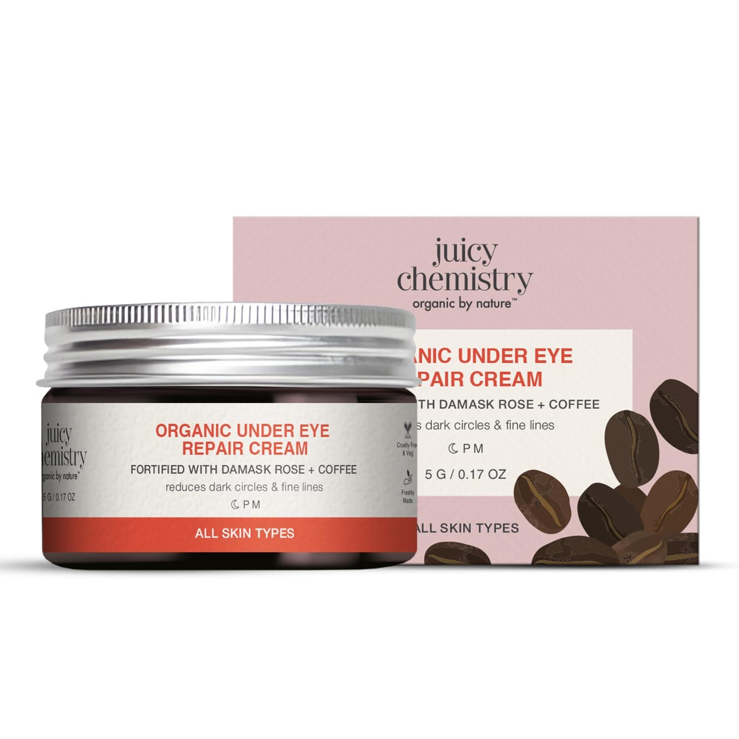 - Juicy Chemistry Damask Rose & Coffee Under Eye Cream, 5 g, Caffeine-rich Eye Cream for Dark Circles, Fine Lines & Puffy Under Eyes - Organic Night Eye Cream