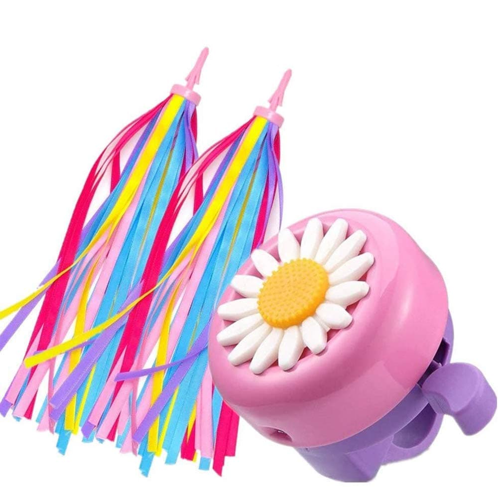 1 Pack Kids Bike Bell and 2 Pack Kids Bike Streamers for Children's Bike Accessories (Pink, Red, Purple & Blue) (A Pink & Purple)