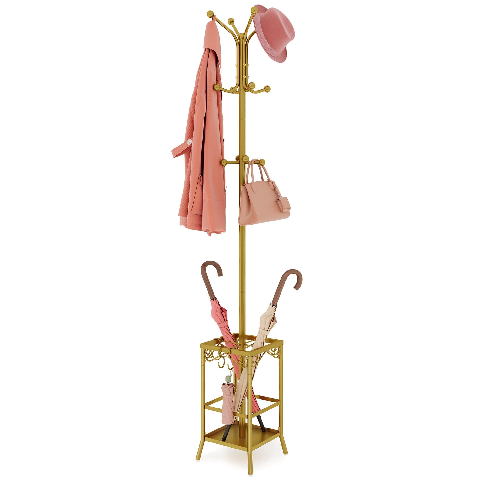 Coat Rack Freestanding, Coat Tree with Umbrella Holder, Metal Coat Rack Stand with 12 Hooks, Standing Coat Hanger Stand, Umbrella Stand for Entryway, Hat Rack Stand for Home Office, Gold