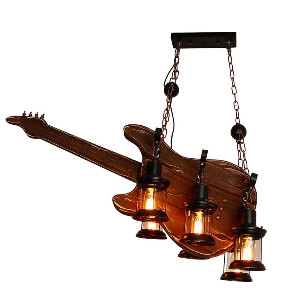 6-Light Wooden Guitar Chandelier Vintage Industrial Loft Pendent Lighting,Classic Rustic Hanging Lamp Decorative Ceiling Light Fixture For Kitchen Island-Wood And Black 95x38cm(37x15inch)