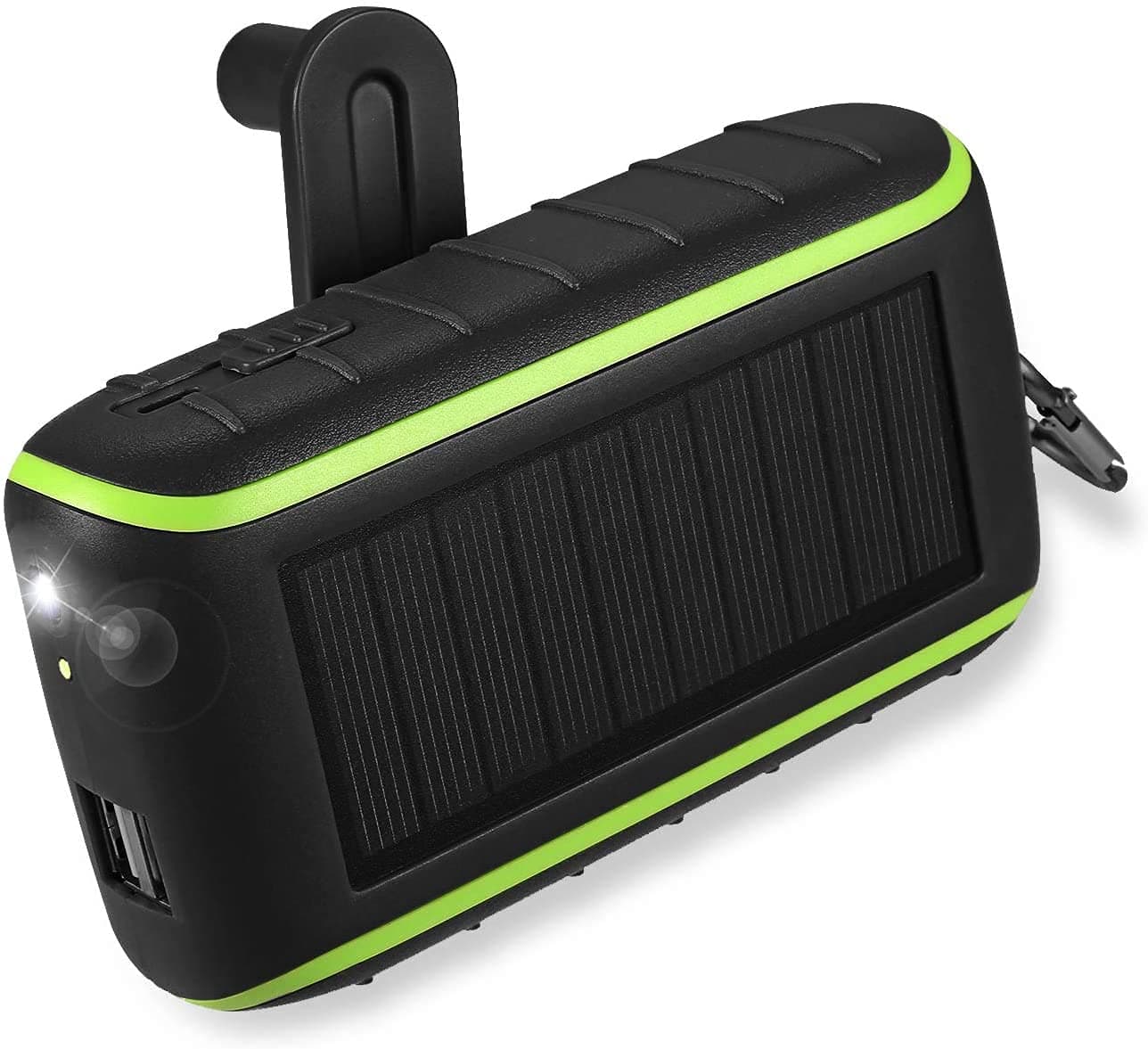 Workingda Solar Charger, 10000mAh Portable Hand Crank Phone Charger 2 USB Ports Solar Power Bank with LED Flashlight, Carabiner