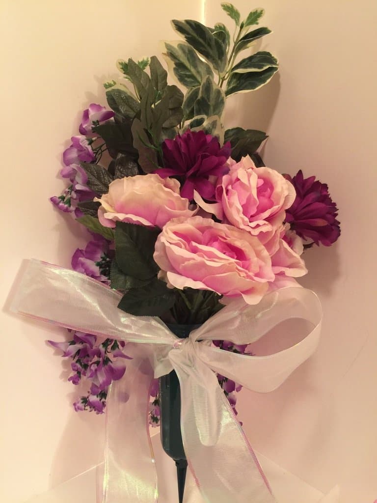 GRAVE DECOR - CEMETERY MARKER - FUNERAL ARRANGEMENT - FLOWER VASE - PURPLE, WHITE, PINK, MAROON MIXED FLORAL